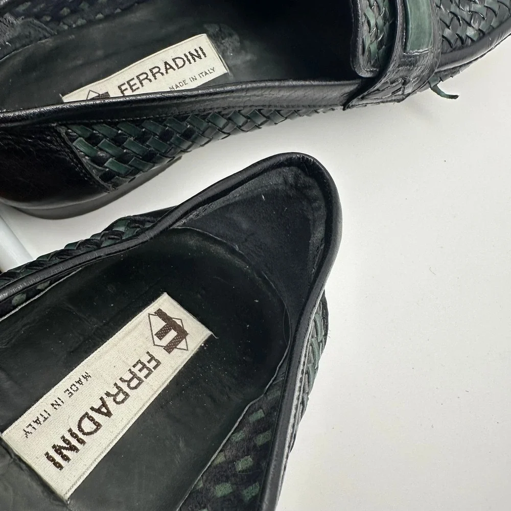 DANIELE FERRADINI Italian Soft Leather Loafers - Black Green Weave - Mens Size 9